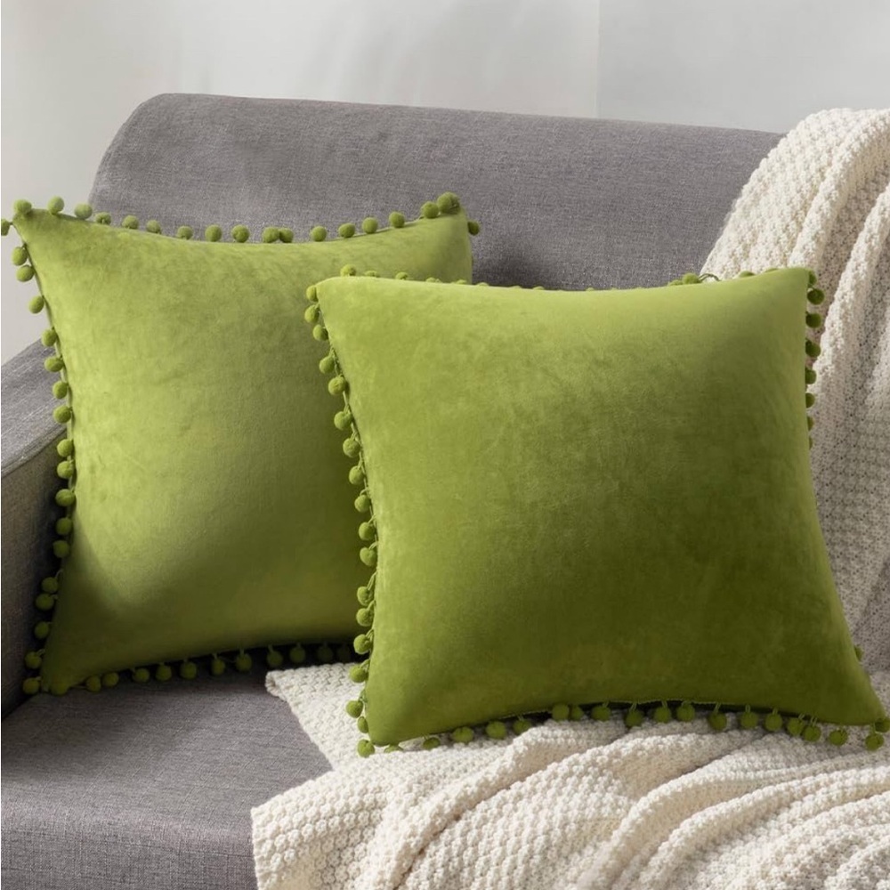 DEZENE Couch Pillow Cases 24x24 Chartreuse: 2 Pack  Soft Pom-Poms Velvet Square